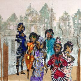 De dames van de Nieuwmarkt  62x57cm  tempera en collage op paneel