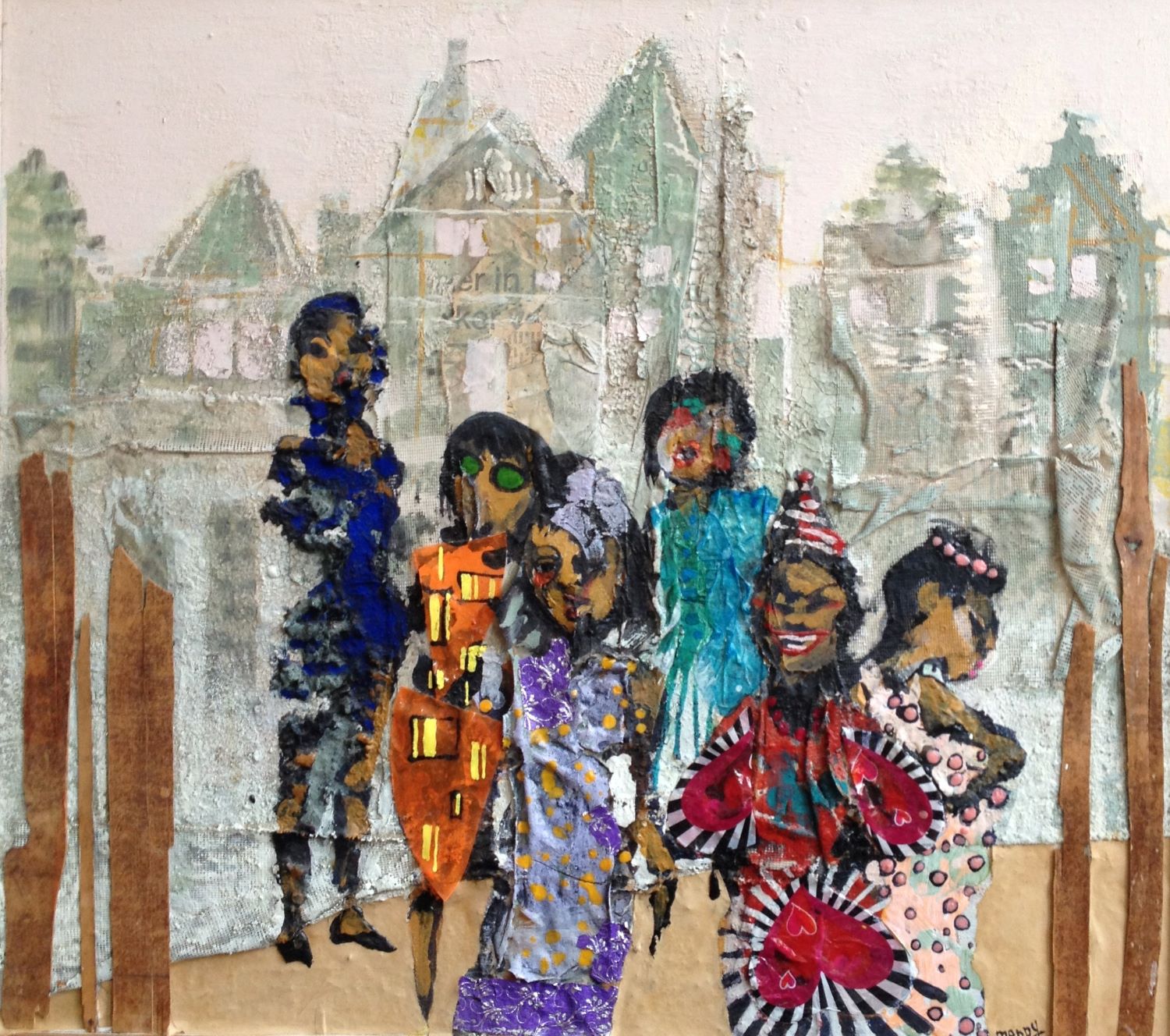 De dames van de Nieuwmarkt  62x57cm  tempera en collage op paneel