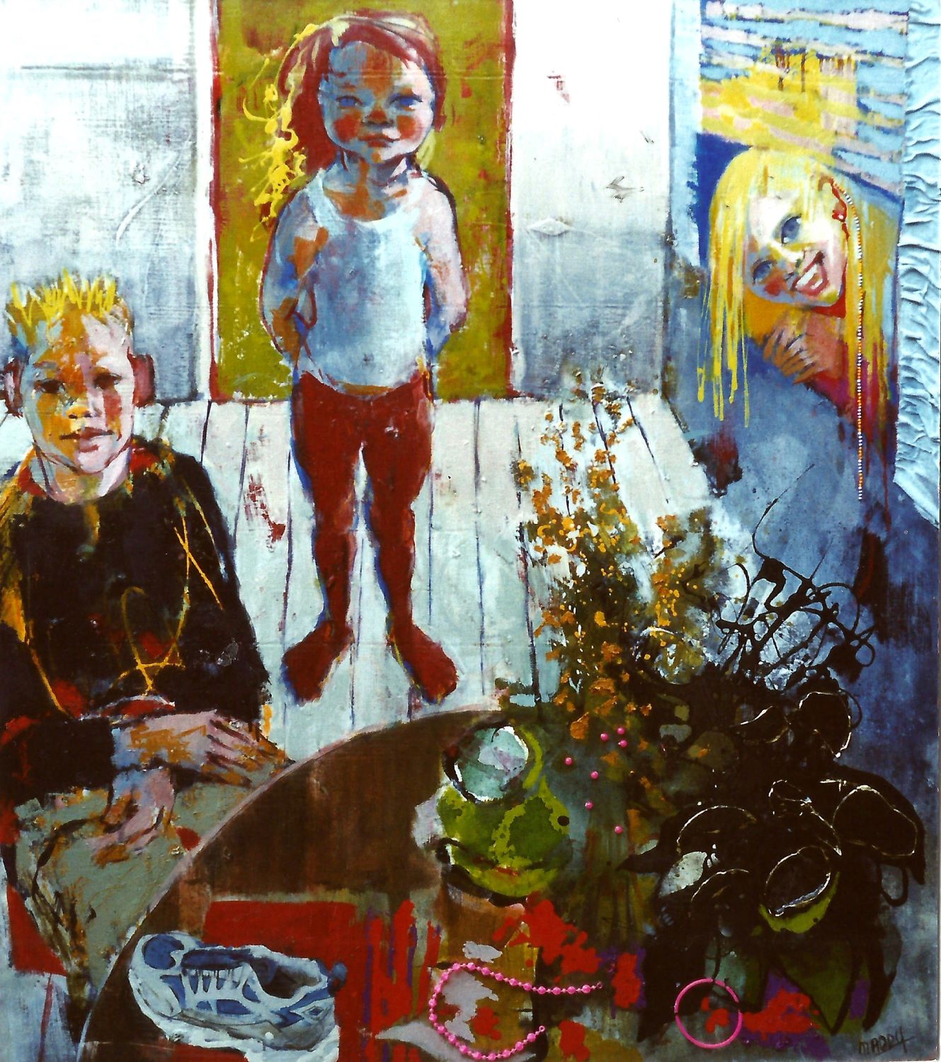 Marten, Lisa en Astrid  olieverf en collage op doek1.10x1.10cm